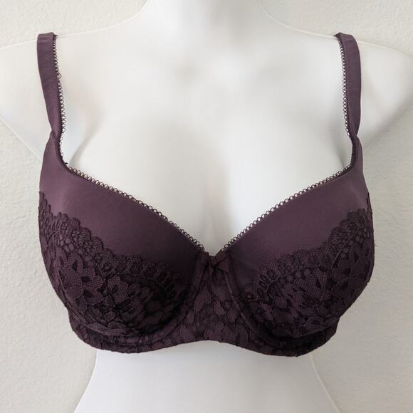 VICTORIAS SECRET Lined Demi Lace Trim Underwire T-Shirt Bra Merlot Sz 34DDD 34F - Picture 1 of 5